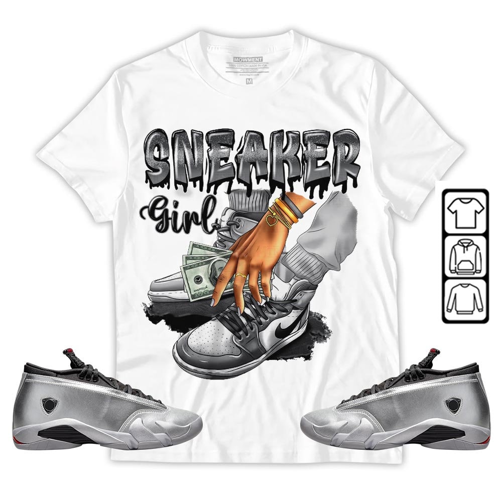 Unisex Metallic Silver Jordan 14 Sneaker Collection T-Shirt