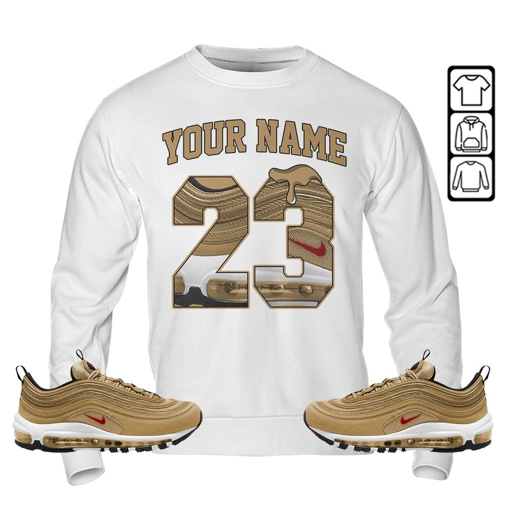 Customized Drip Shoes And Apparel To Match Air Max 97 Gold Crewneck