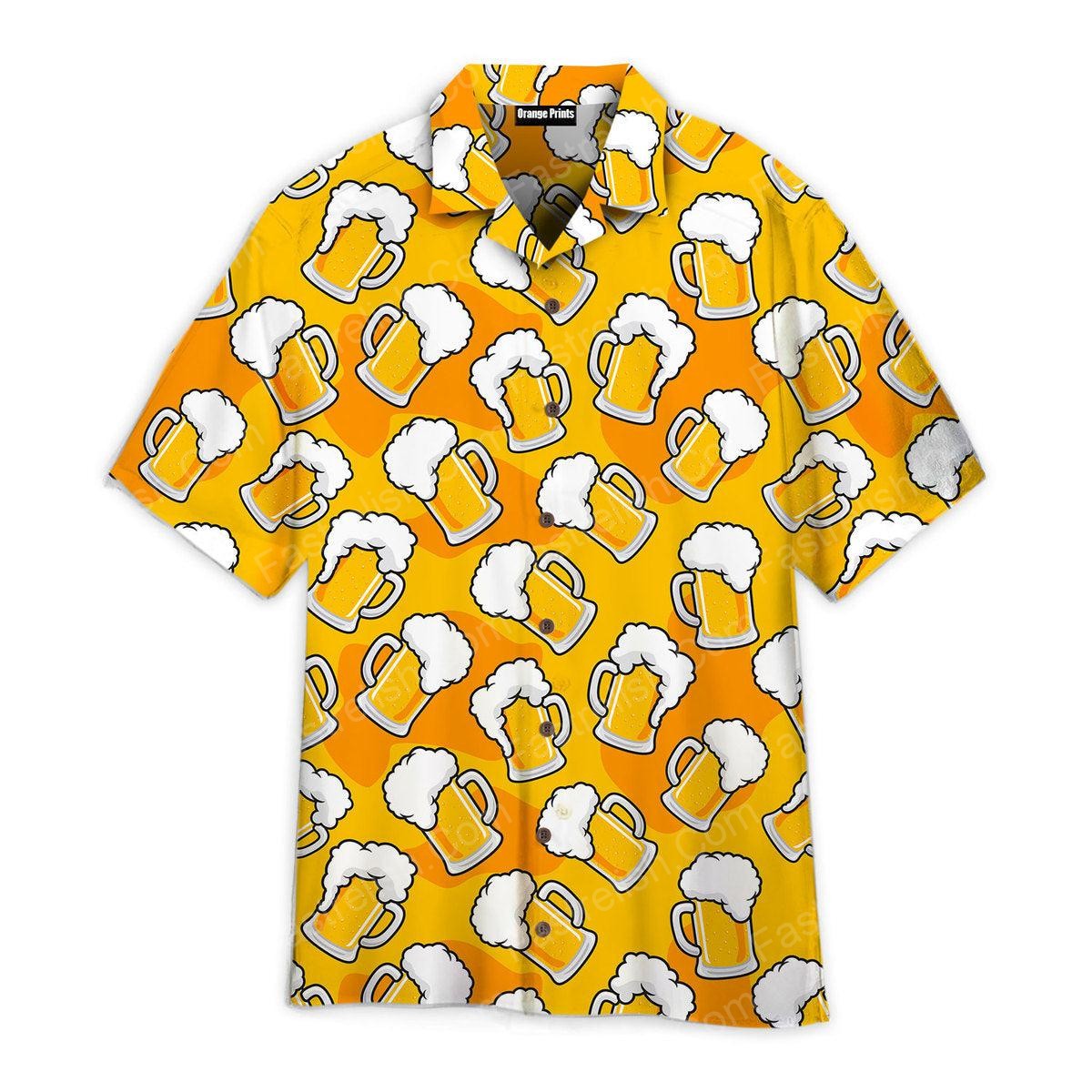 Draft Beer Mugs Foam On Yellow Pattern Hawaiian Shirts WT7094