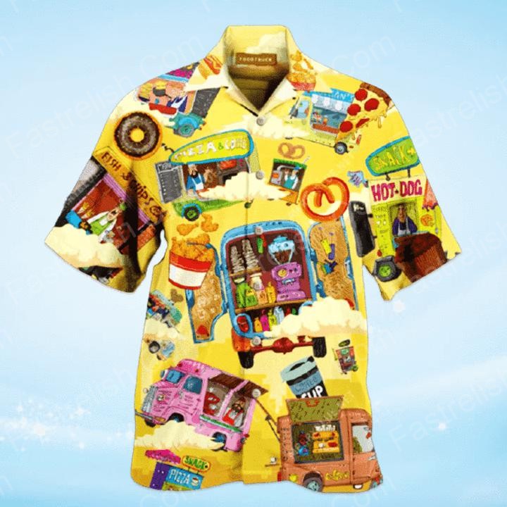 Colorful Food Trucks Yellow Hawaiian Shirt | HW3637