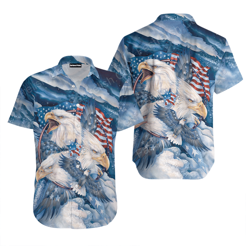 Bald Eagle Blue American Flag Patriotic Aloha Hawaiian Shirts WH1026