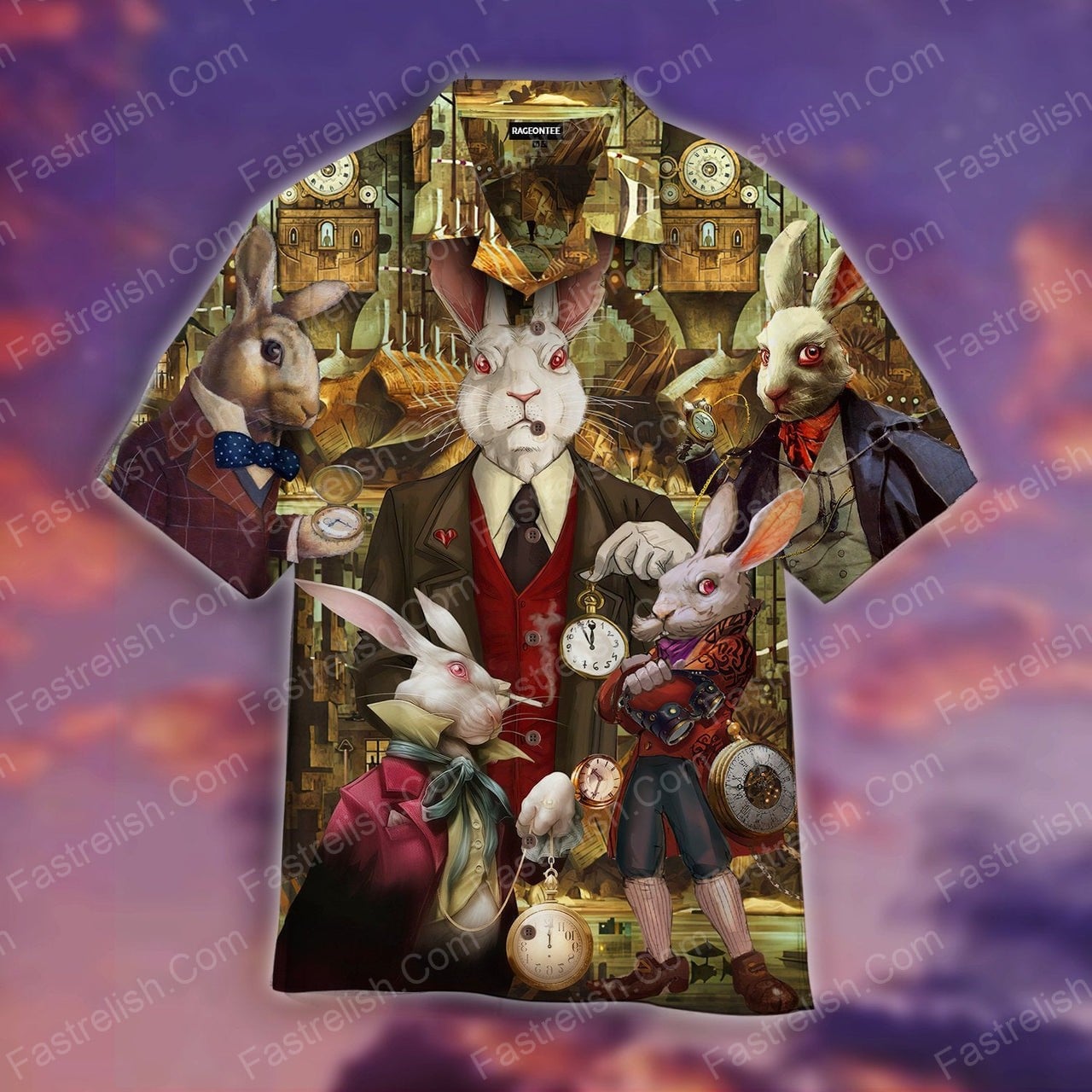 At Midnight, Mr.Rabbit Come With A Clock In His Hand Aloha Hawaiian Shirts WT1431