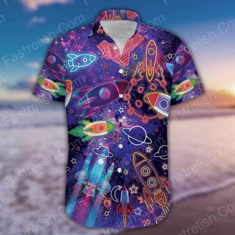 Amazing Neon Colorful Light Rocket In Outer Space Aloha Hawaiian Shirts HL2600