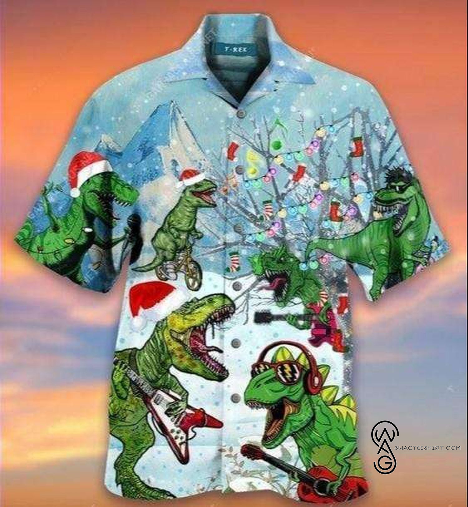 Dinosaurs Play Guitar On Christmas Hawaiian Aloha Shirts