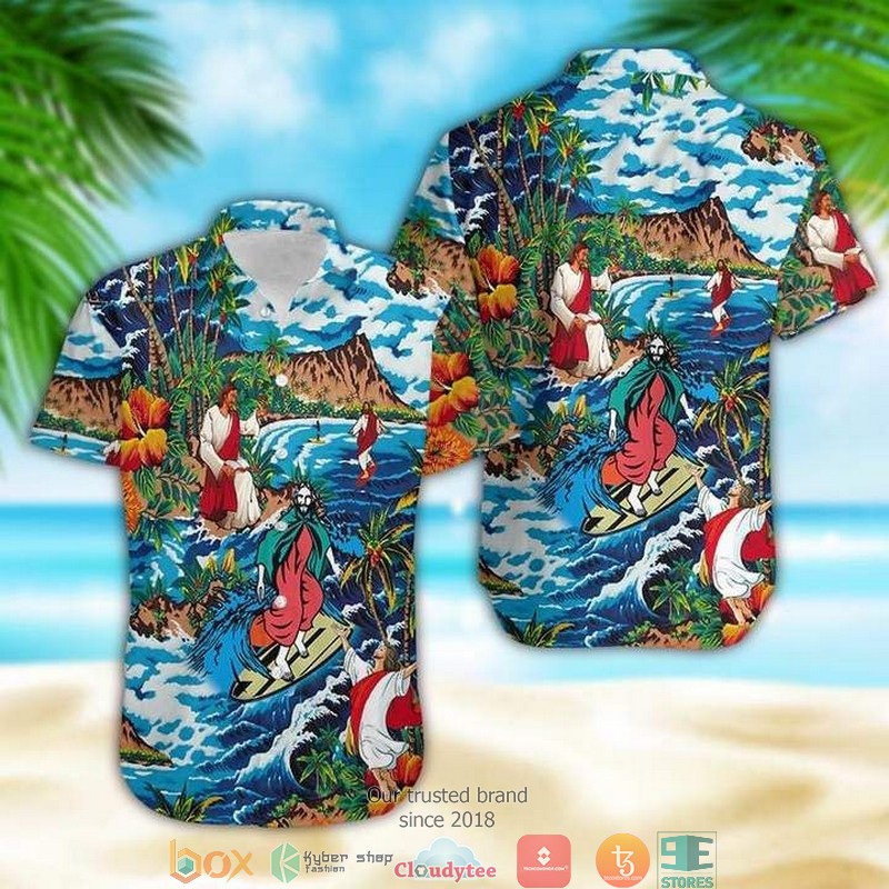 Jesus Surfing On Island Short Sleeve Hawaiian Shirt